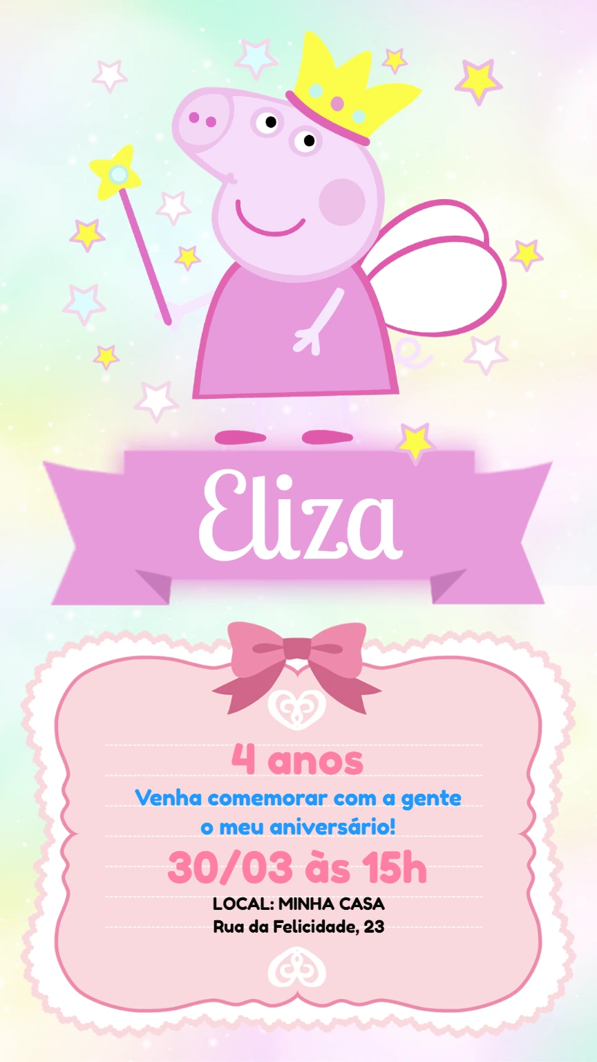 Convite Aniversário Peppa Pig Fada para Editar Online