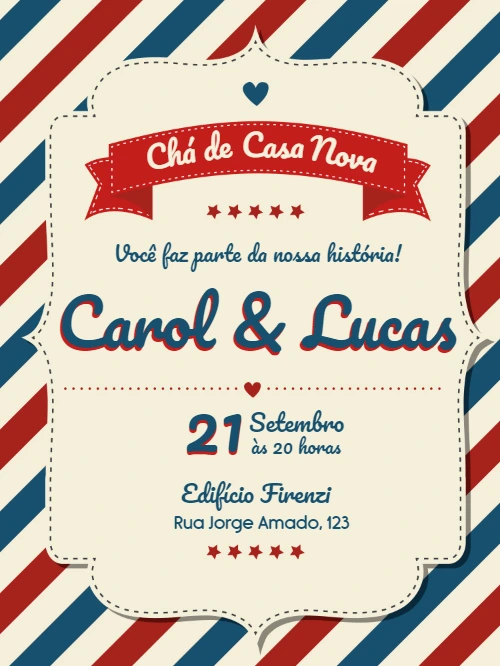 Convite Chá de Casa Nova Retrô Listrado para Editar Online