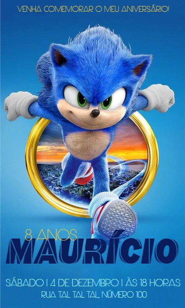Convite de Aniversário Sonic do Filme para Editar e Enviar Online