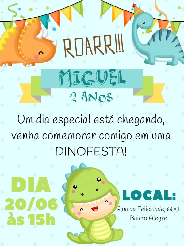 Convite Aniversário Dinossauro Baby para Editar Online