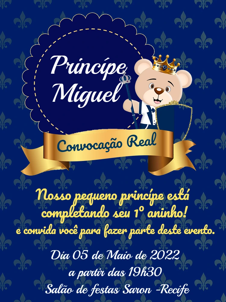 Convite Aniversário Ursinho Príncipe Real para Editar Online