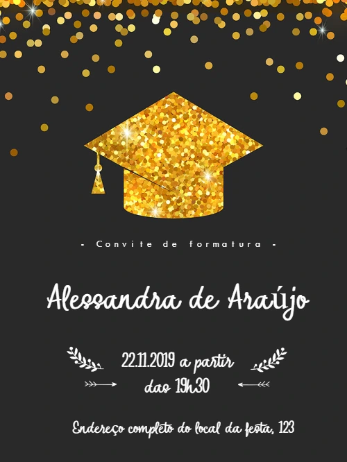 Convite de Formatura Glitter Dourado para Editar Online