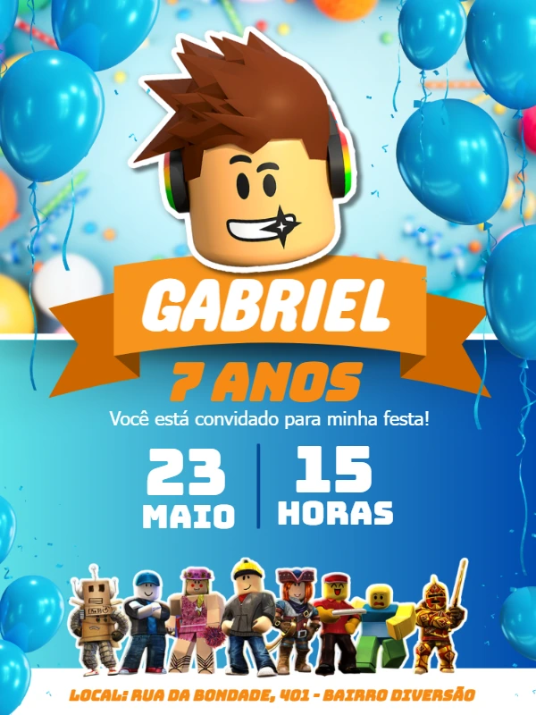 Convite de Aniversário Roblox com Personagens para Editar Online