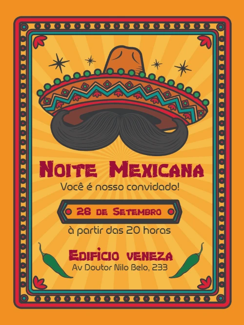 Convite Festa Mexicana com Sombrero e Pimentas para Editar Online