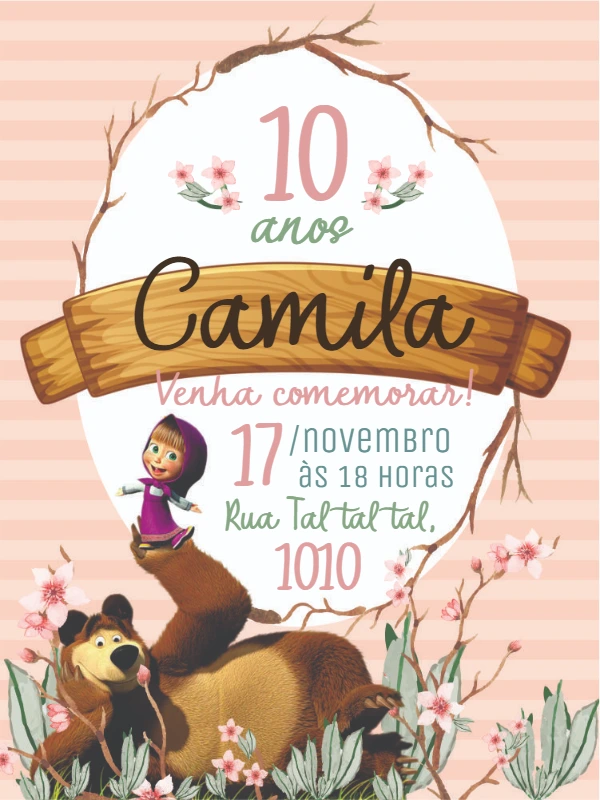 Convite de Aniversário Masha e o Urso para Editar Online