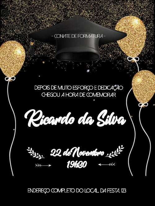 Convite de Formatura Preto e Dourado com Balões para Editar