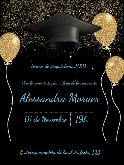 Convite de Formatura Elegante com Balões Dourados para Editar