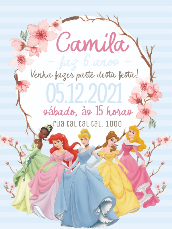 Convite Aniversário Princesas Disney para Editar Online