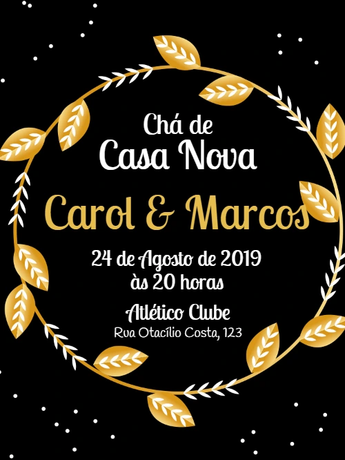 Convite Chá de Casa Nova Dourado e Preto para Editar Online
