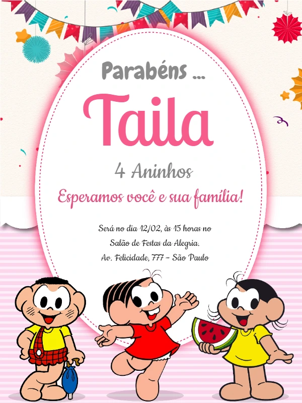 Convite de Aniversário Turma da Mônica para Editar Online