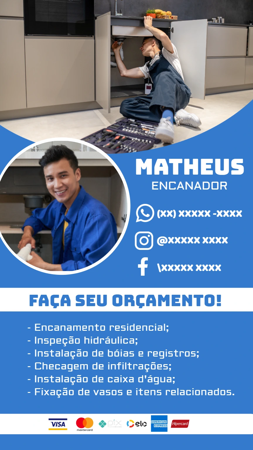 Cartão de Visita Encanador Profissional para Editar Online
