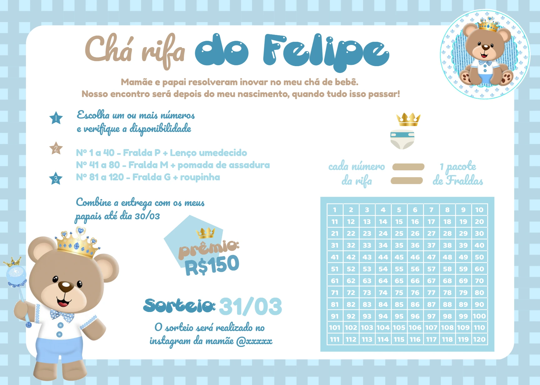 Convite Chá Rifa Ursinho Príncipe Azul para Editar Online