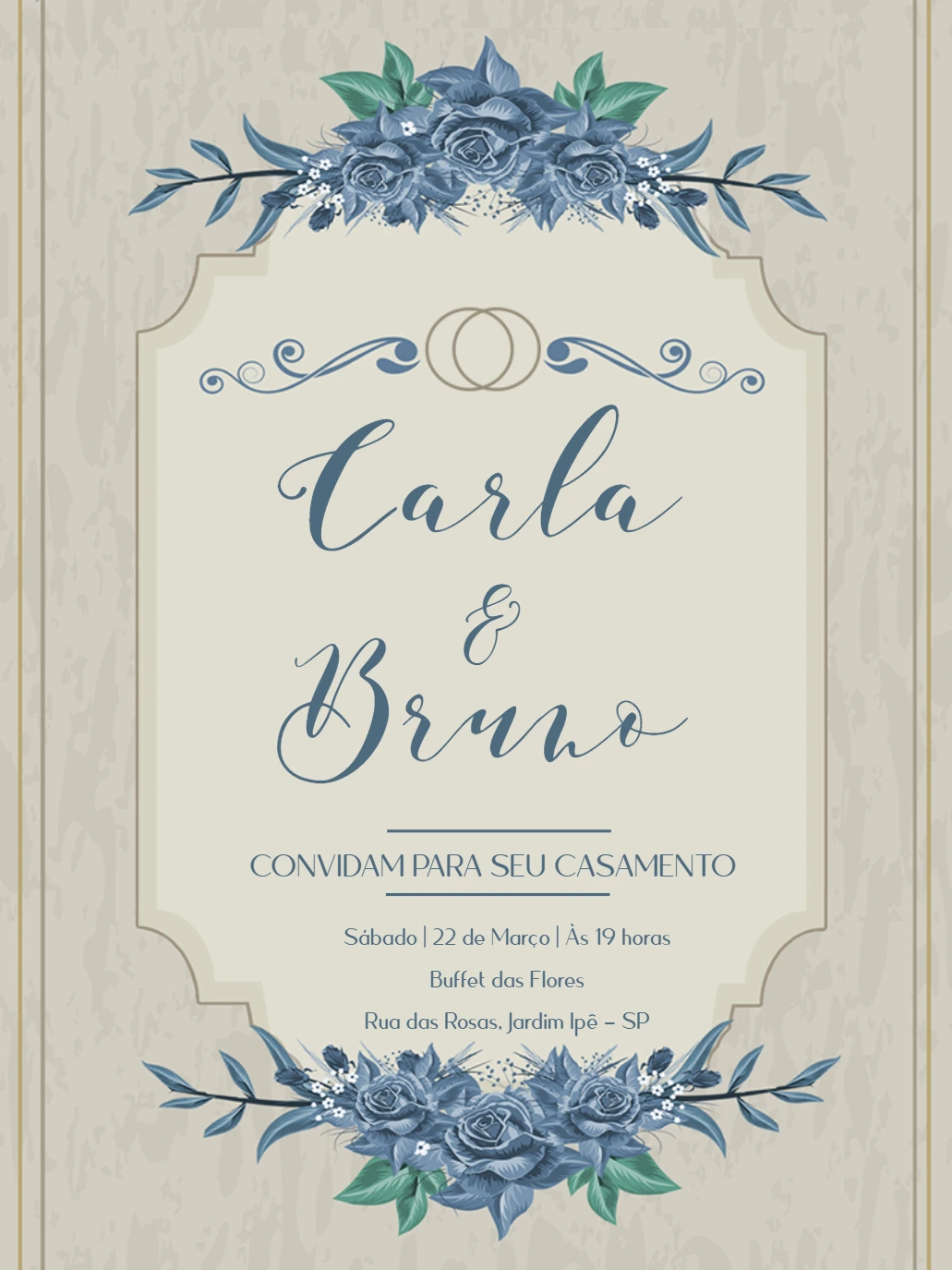 Convite de Casamento Floral Azul Elegante para Editar Online