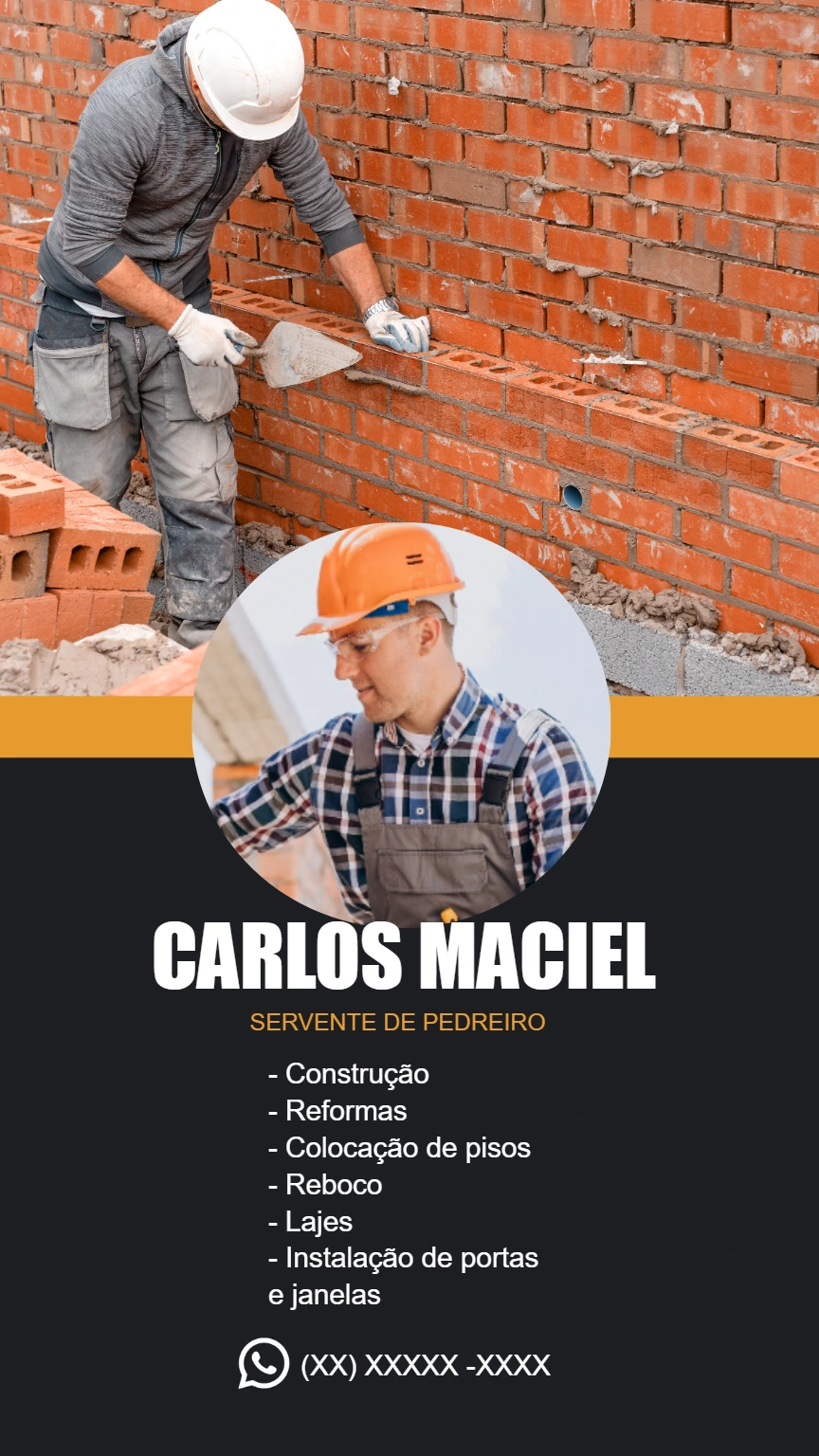 Cartão de Visita Pedreiro Profissional para Editar Online