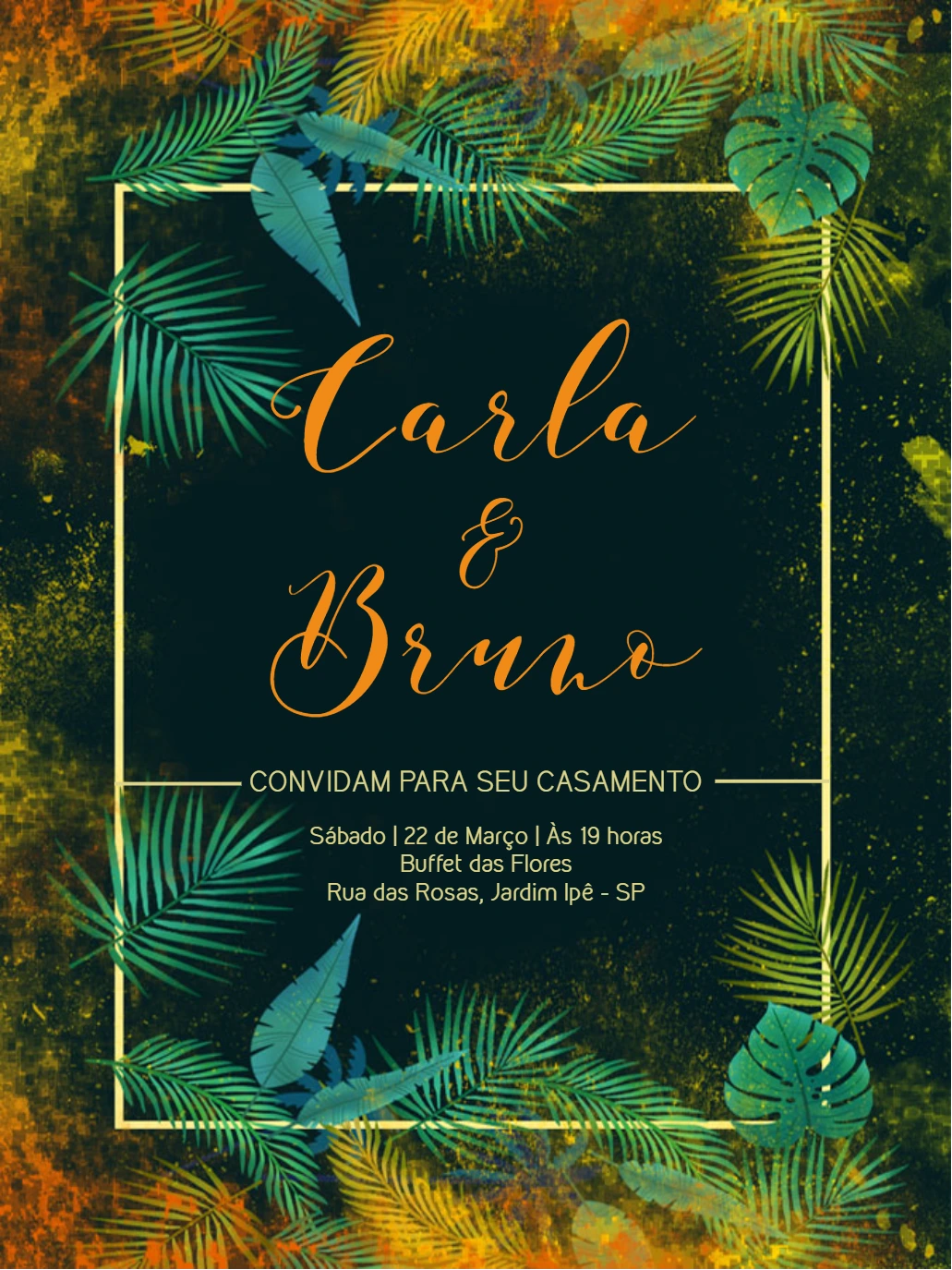 Convite de Casamento Folhagem Tropical para Editar Online