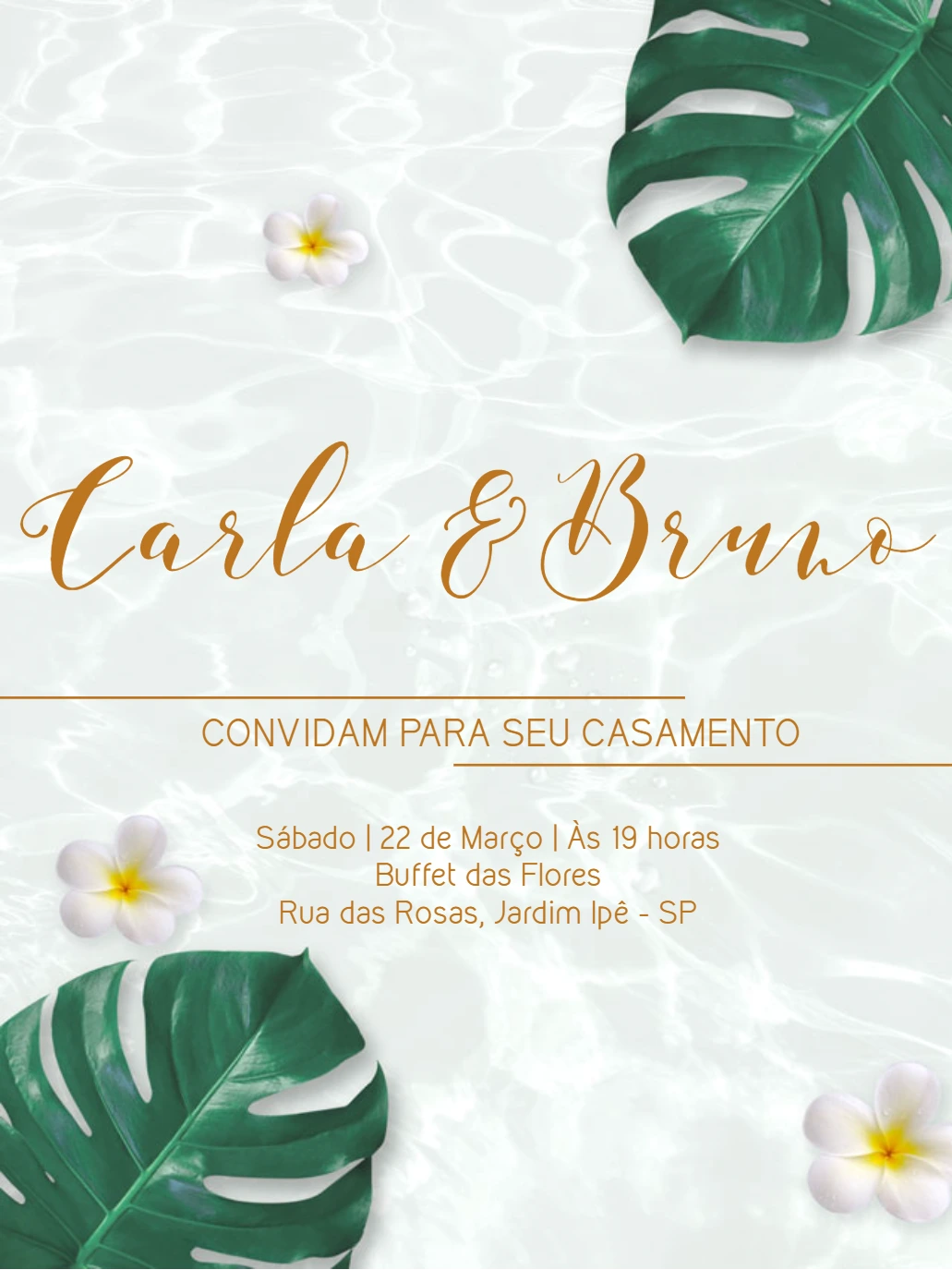 Convite de Casamento Tropical com Folhagem para Editar Online