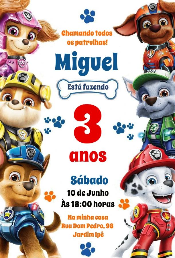 Convite Aniversário Patrulha Canina para Editar Online