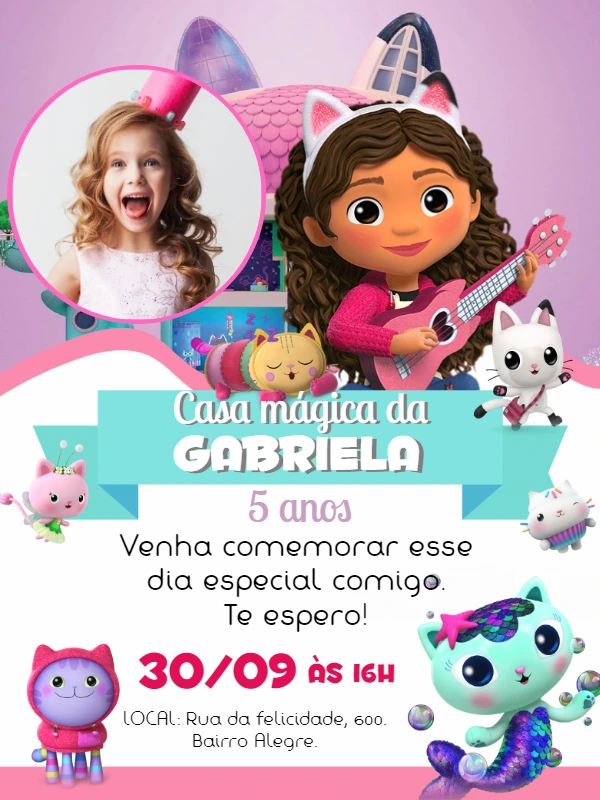 Convite Aniversário Casa Mágica da Gabby com Foto para Editar
