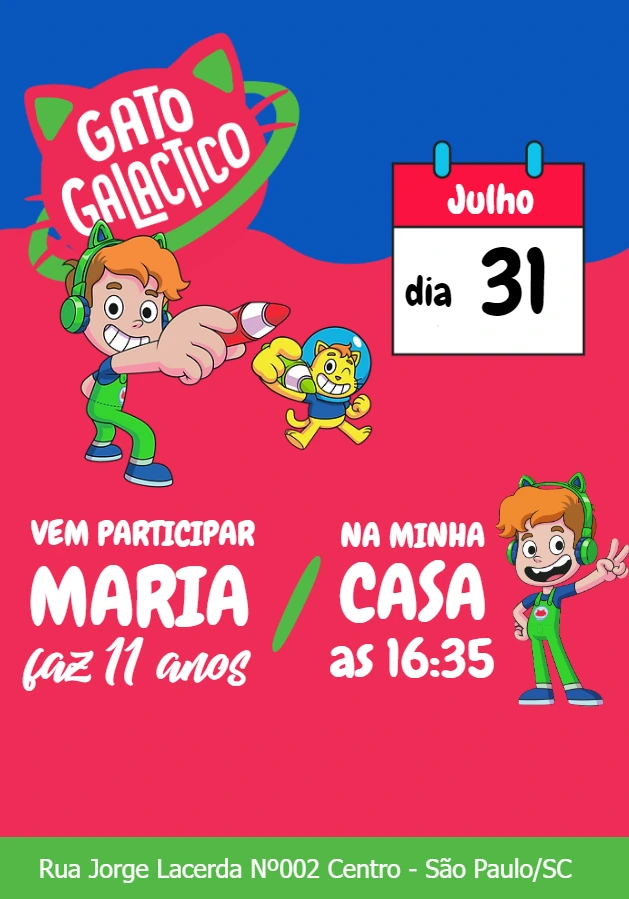 Convite de Aniversário Gato Galáctico para Editar Online
