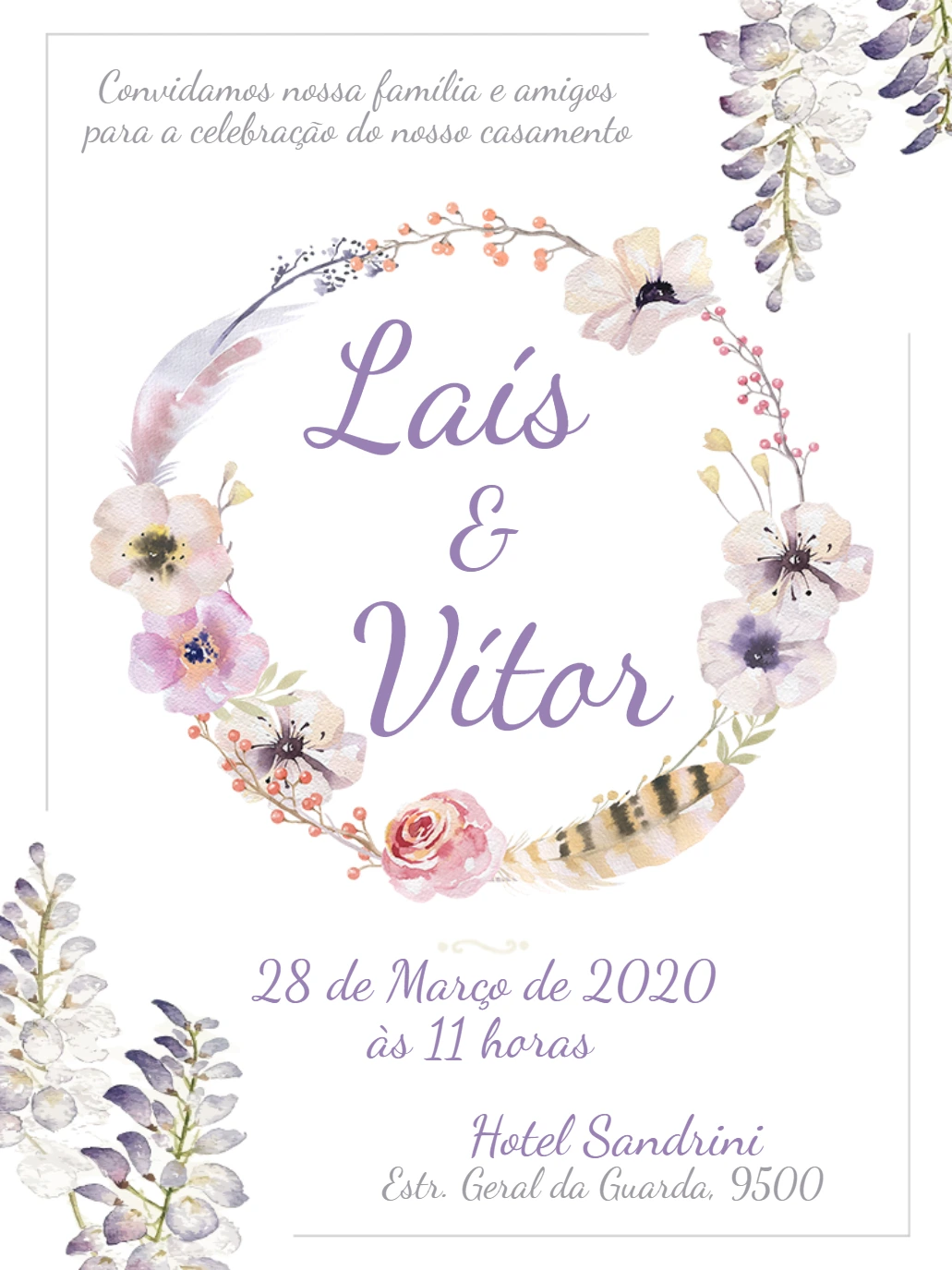 Convite de Casamento Floral Lilás Aquarela para Editar Online