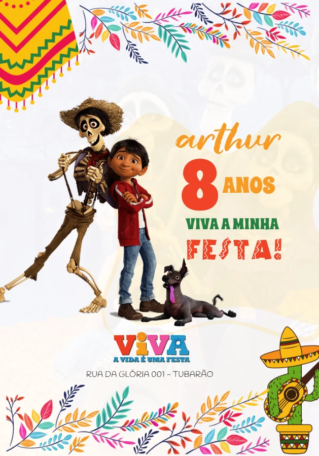 Convite de Aniversário Coco Viva a Vida é uma Festa para Editar