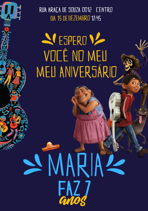 Convite Aniversário Coco com Personagens para Editar Online