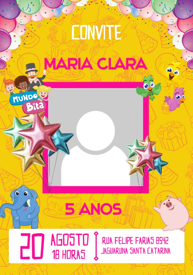 Convite Aniversário Mundo Bita com Foto para Editar Online