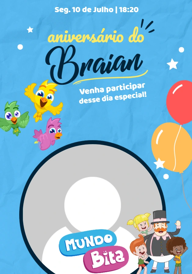 Convite de Aniversário Mundo Bita com Foto para Editar Online