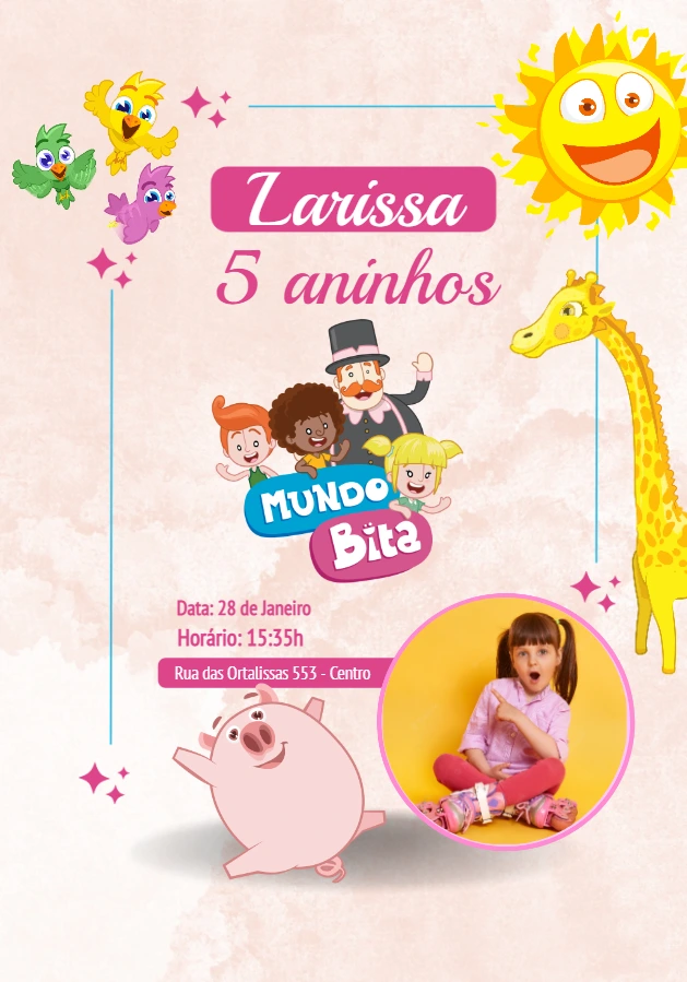 Convite Aniversário Mundo Bita com Foto para Editar Online