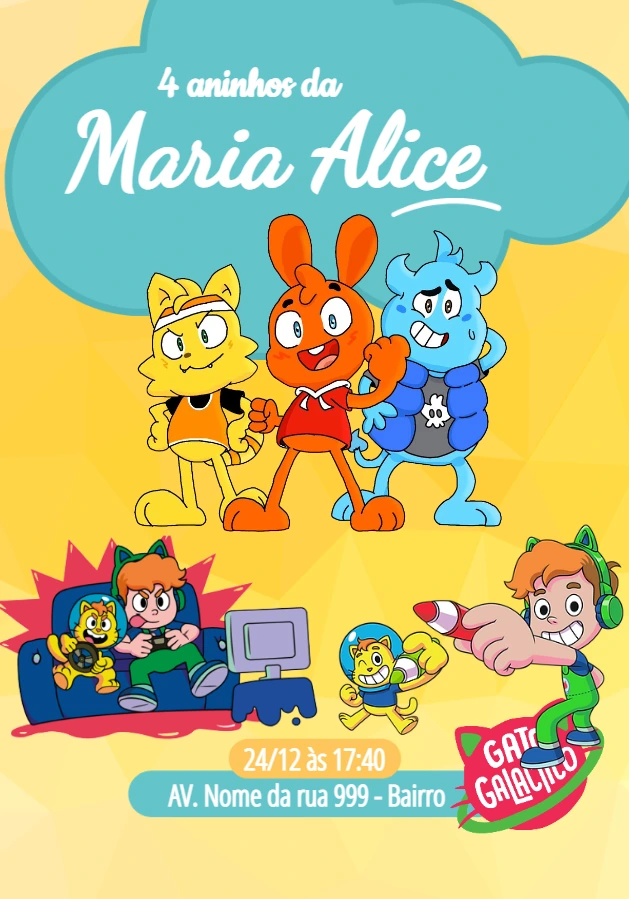 Convite Aniversário Gato Galáctico para Editar Online