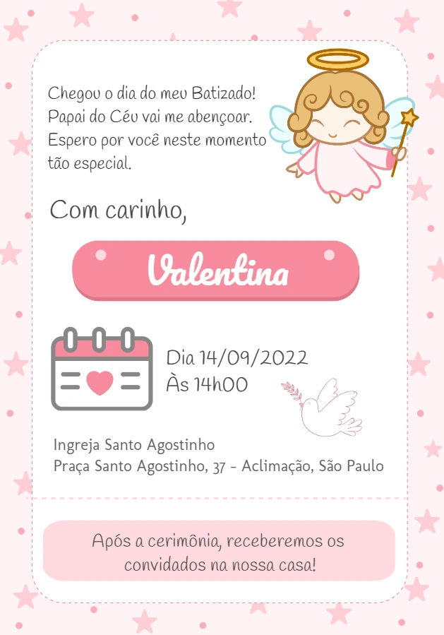 Convite de Batizado Menina Anjinha Rosa para Editar Online