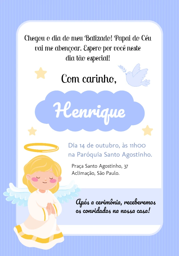 Convite Batizado Menino Anjinho para Editar Online