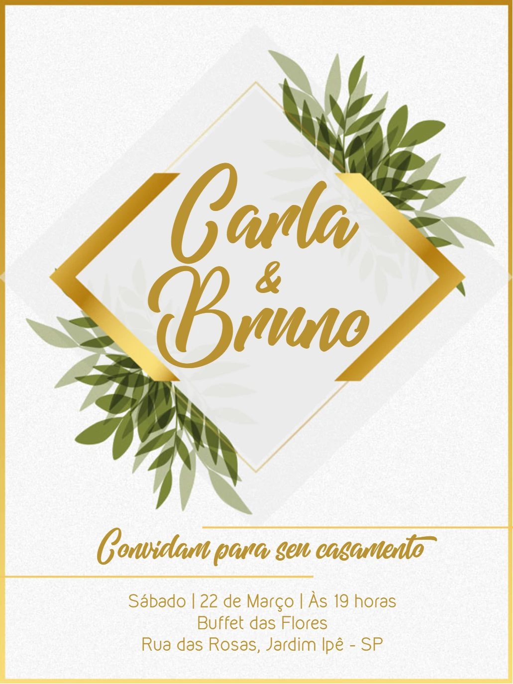 Convite de Casamento Folhagem Dourada para Editar Online