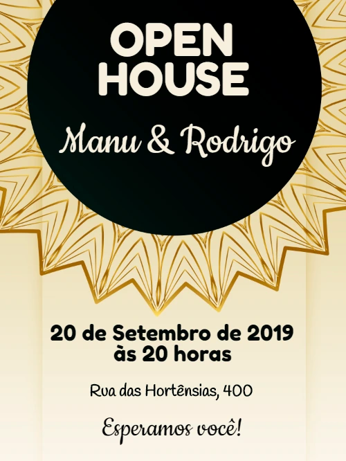 Convite Open House Elegante com Mandala Dourada para Editar
