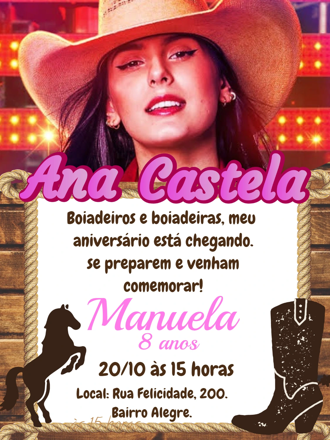 Convite Aniversário Ana Castela Boiadeira para Editar Online