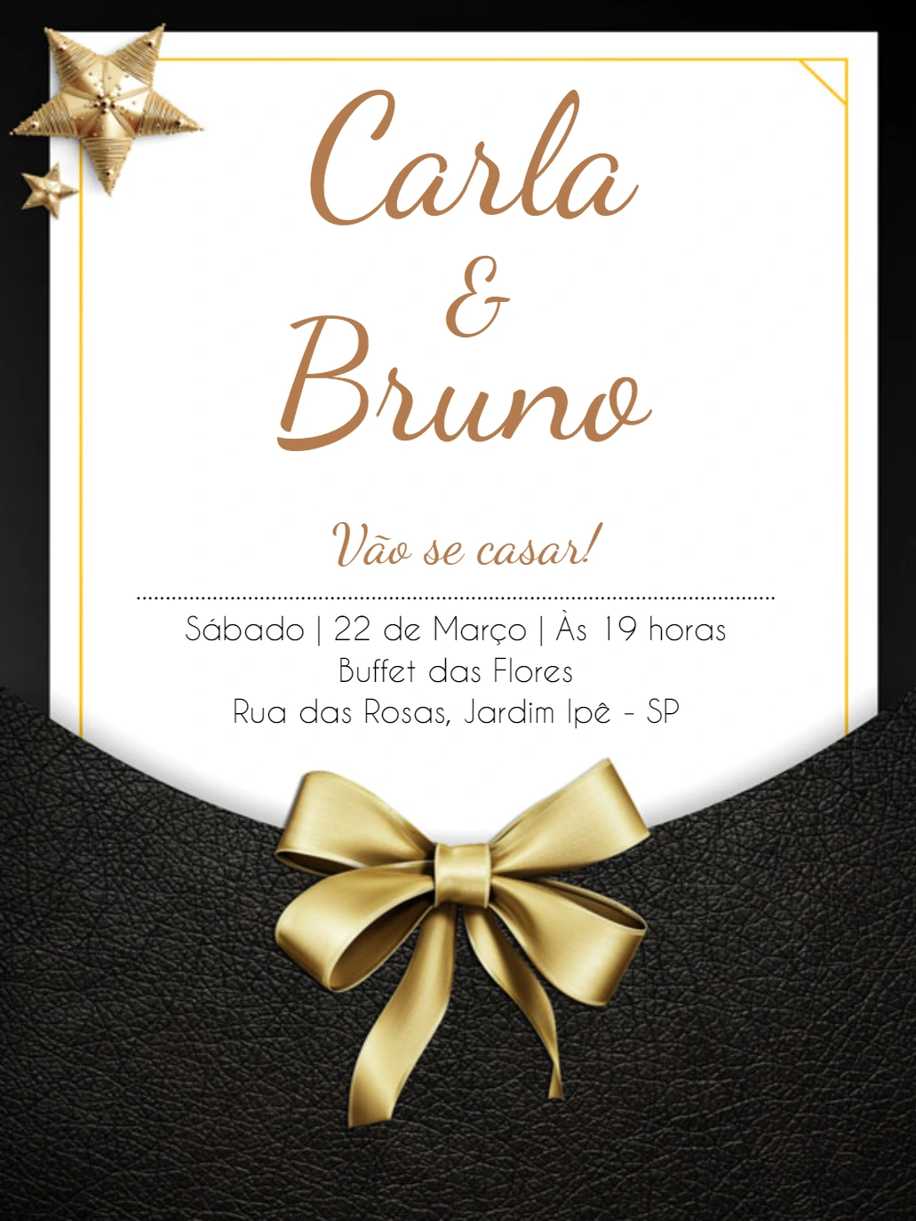 Convite de Casamento Elegante Preto e Dourado para Editar Online