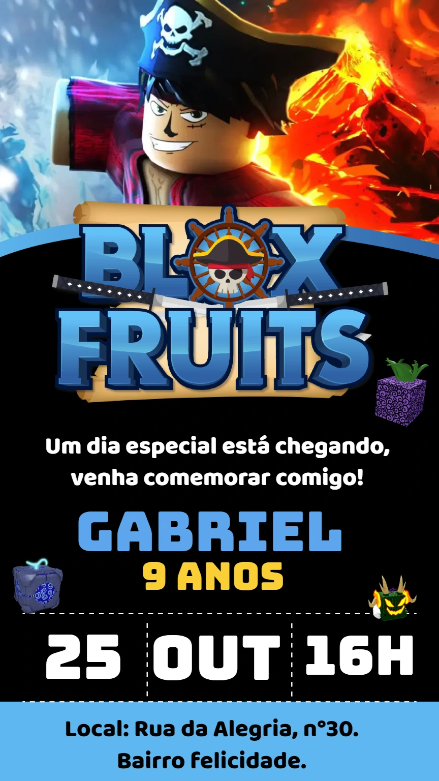 Convite Aniversário Blox Fruits com Personagens para Editar
