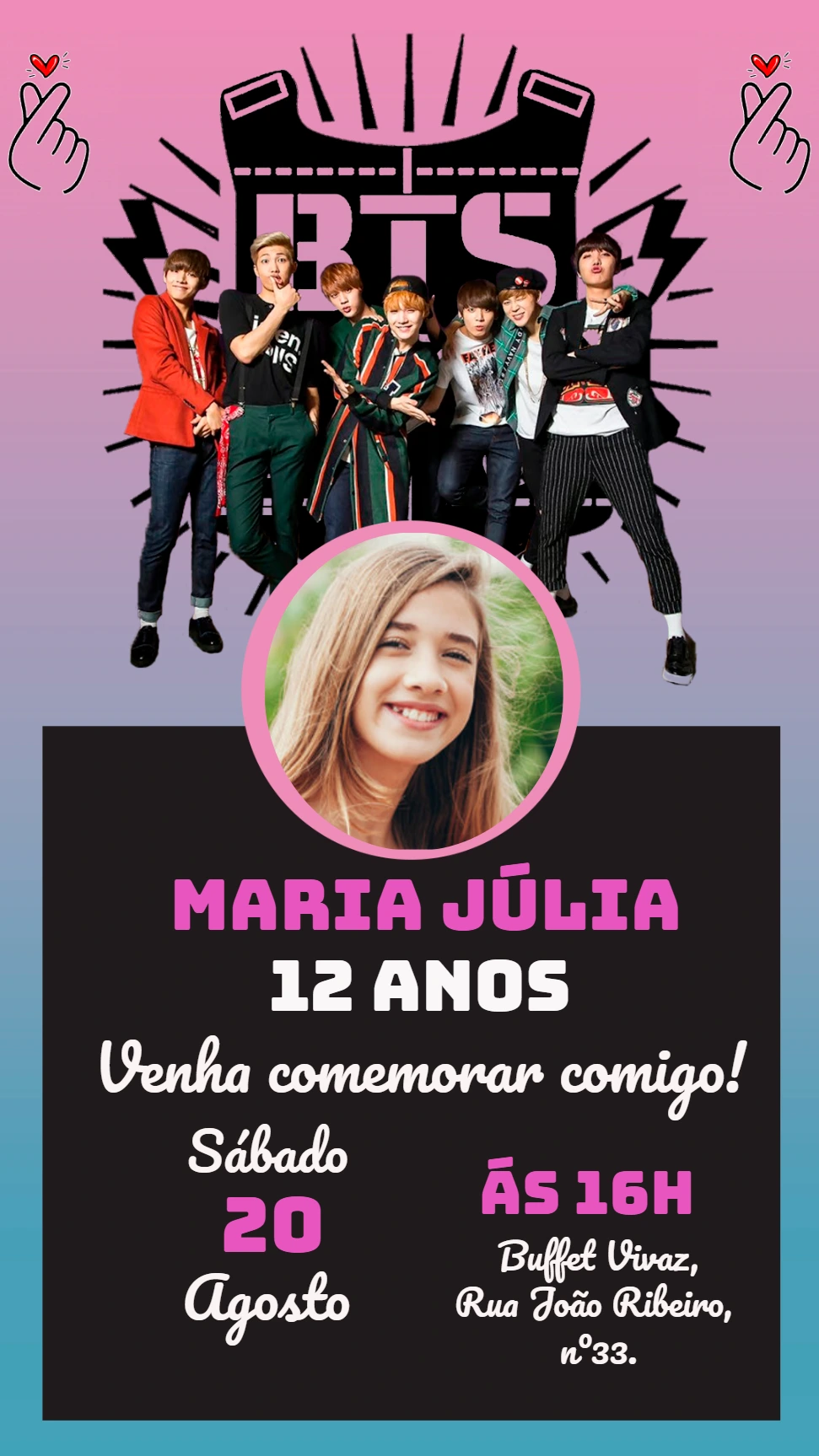 Convite de Aniversário BTS com Foto para Editar Online