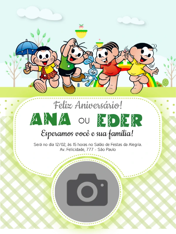Convite Aniversário Turma da Mônica com Foto para Editar