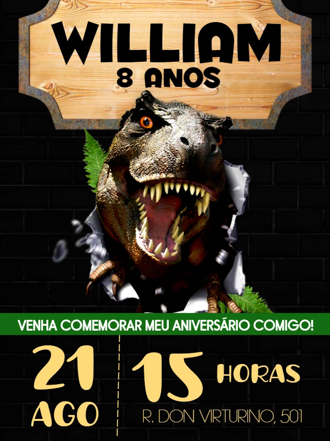 Convite de Aniversário Dinossauro T-Rex para Editar Online