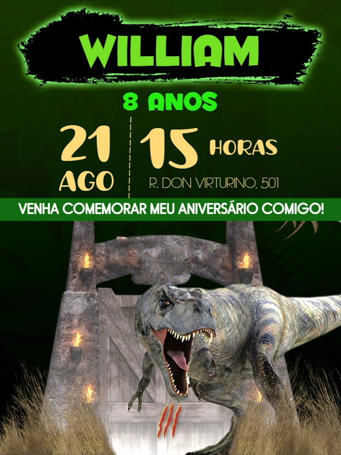 Convite de Aniversário Dinossauro T-Rex para Editar Online