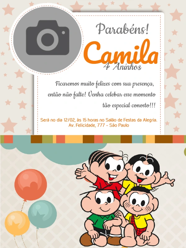 Convite Aniversário Turma da Mônica com Foto para Editar Online