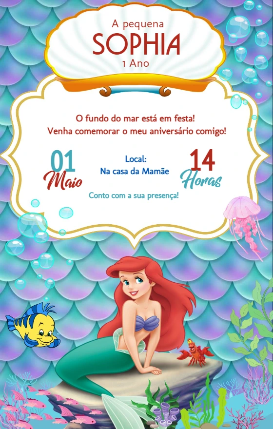 Convite Aniversário Pequena Sereia Ariel para Editar Online