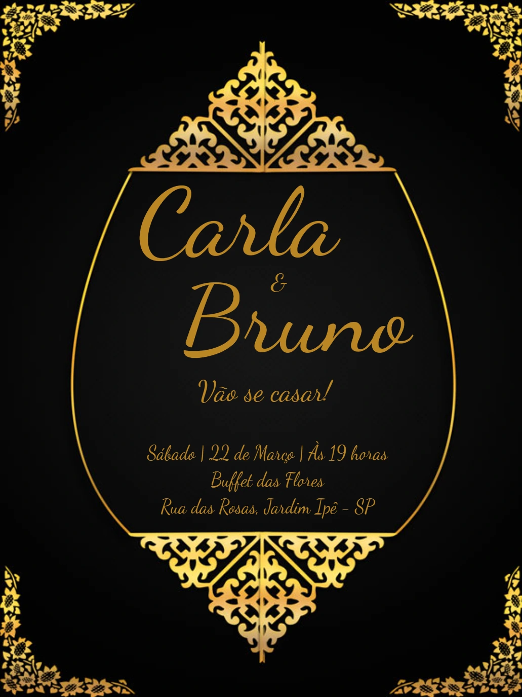 Convite de Casamento Provençal Preto e Dourado para Editar