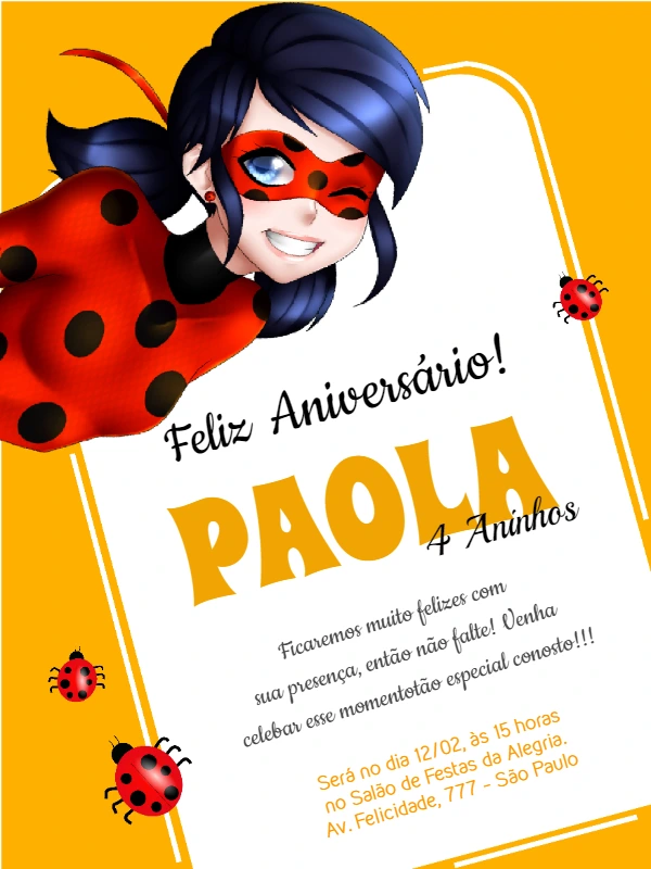 Convite de Aniversário Miraculous Ladybug para Editar Online
