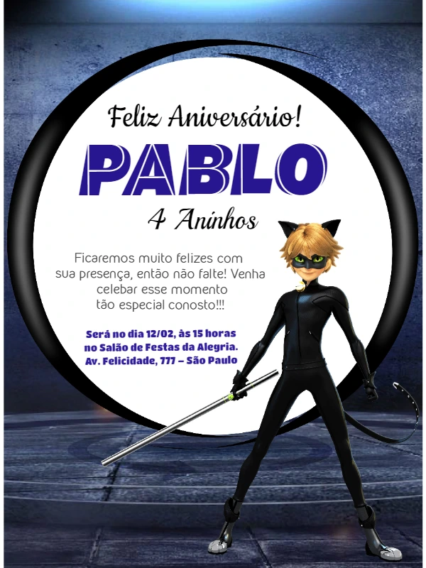 Convite de Aniversário Cat Noir Editável Online para Imprimir