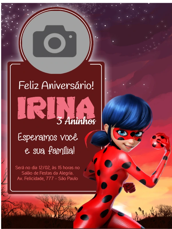 Convite Miraculous Ladybug com Foto para Editar Online