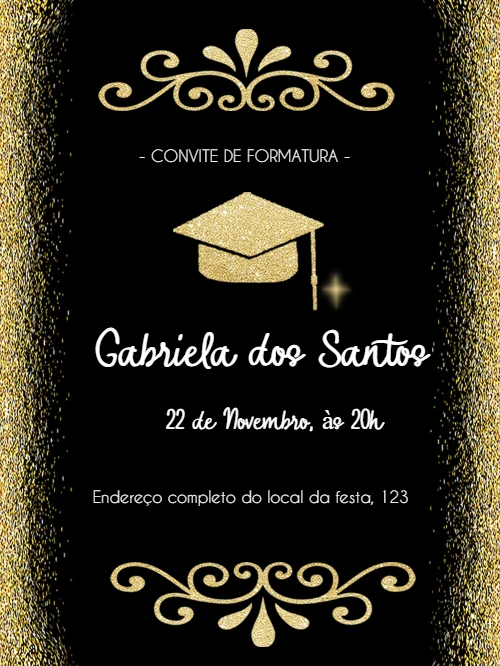 Convite de Formatura Preto e Dourado para Editar Online