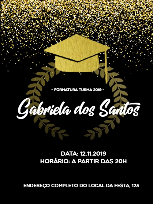 Convite de Formatura Preto e Dourado com Glitter para Editar Online