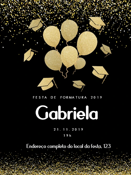 Convite de Formatura Preto e Dourado com Glitter para Editar